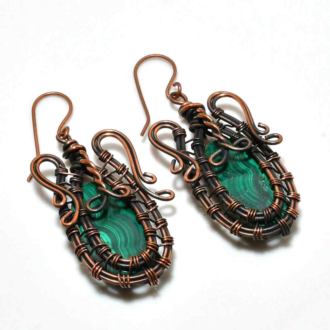 Gaia’s Harmony – Oxidized Copper Malachite Earrings