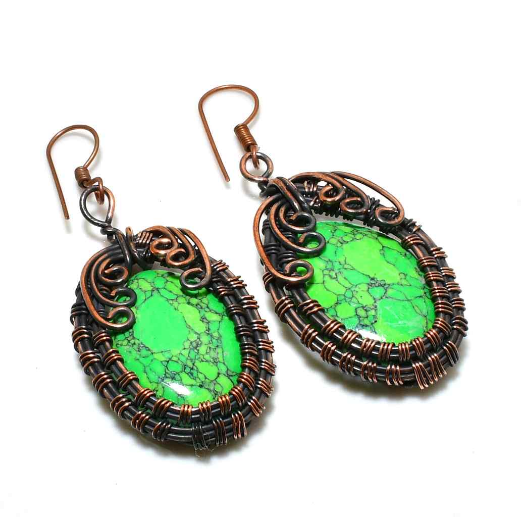Gaia’s Embrace – Oxidized Copper Green Stone Earrings
