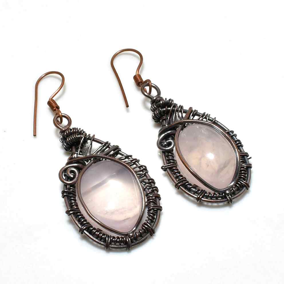 Heartstrings – Rose Quartz Copper Earrings