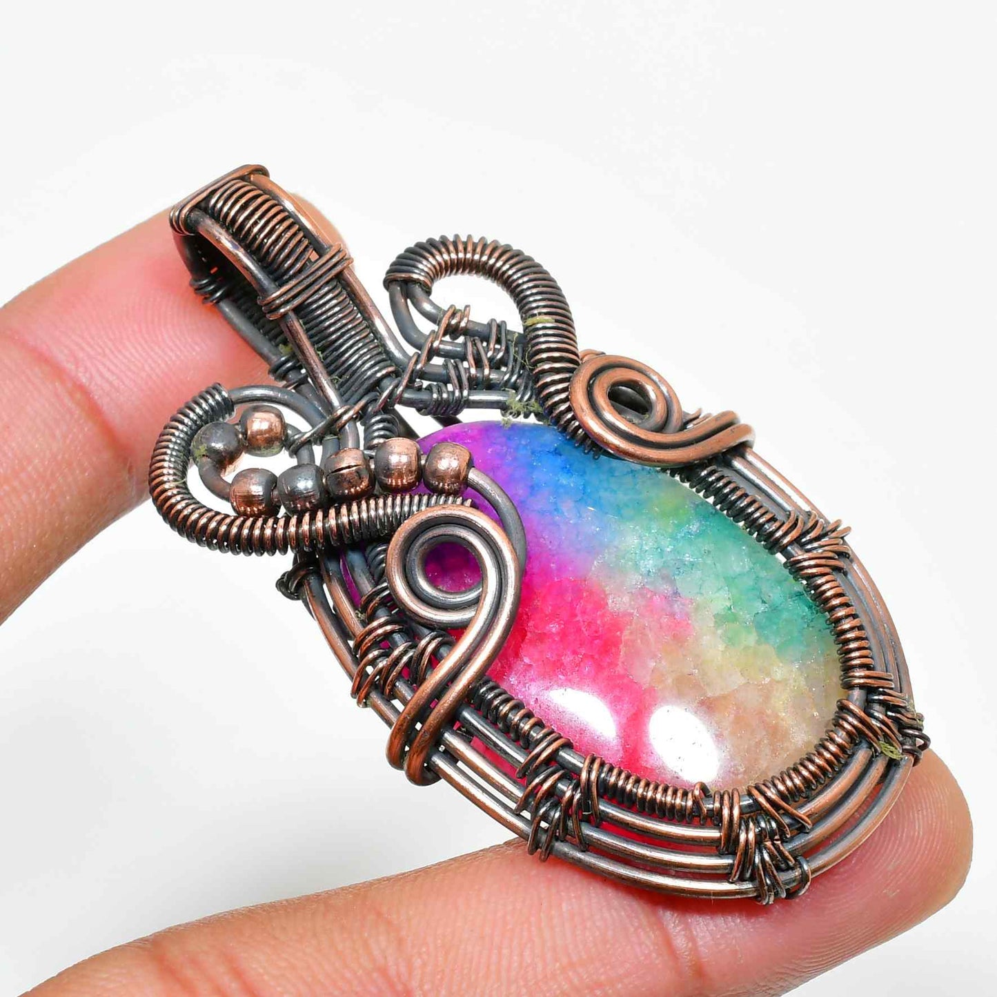 Harmony’s Prism – Rainbow Fluorite Copper Pendant