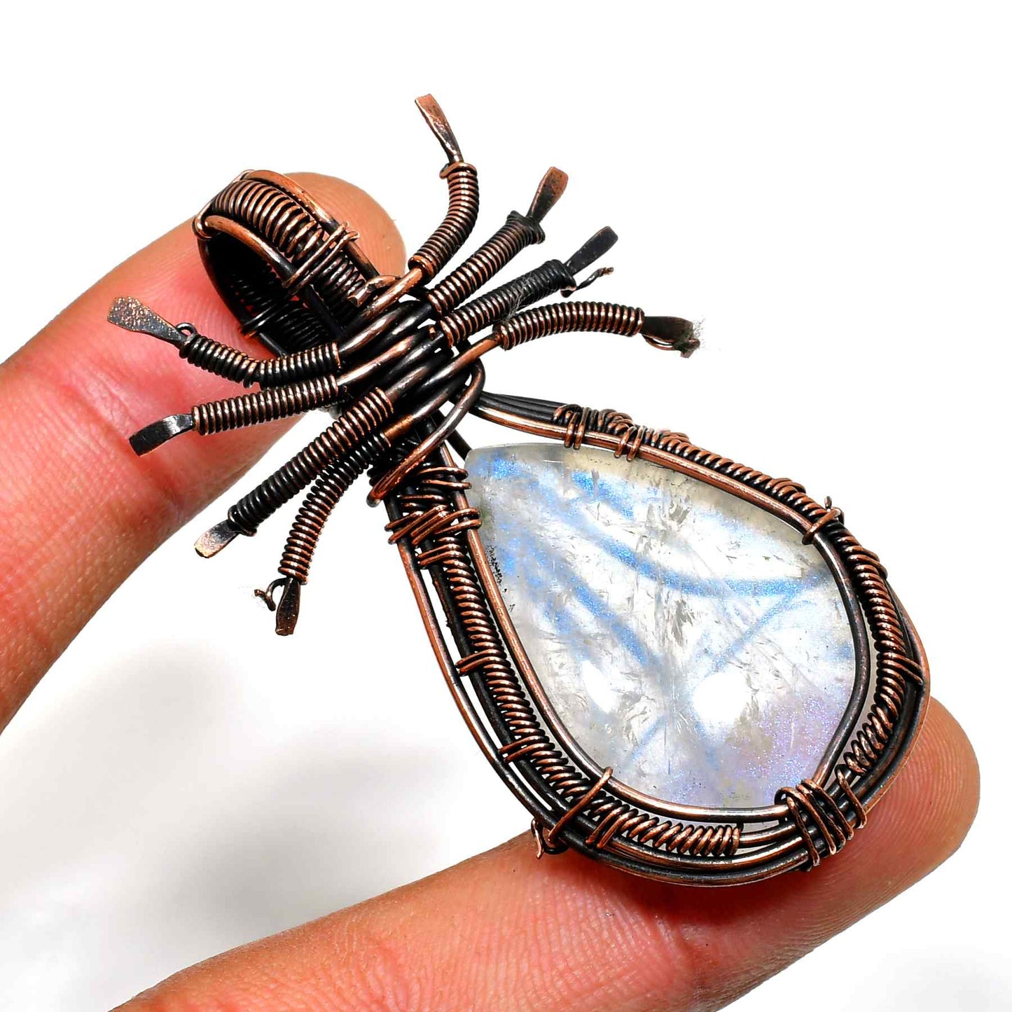 Luna’s Web – Moonstone Copper Spider Pendant