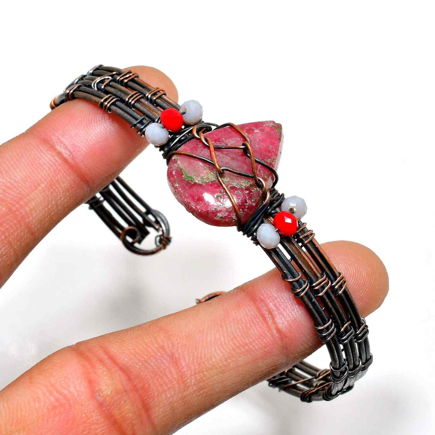 Crimson Embrace – Rhodonite Copper Bracelet