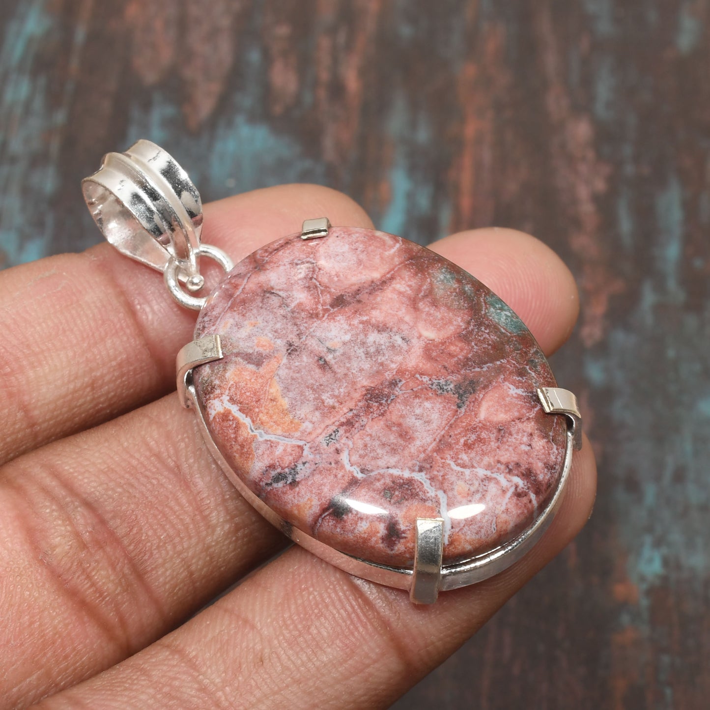 Heart’s Embrace – Rhodonite Sterling Silver Pendant