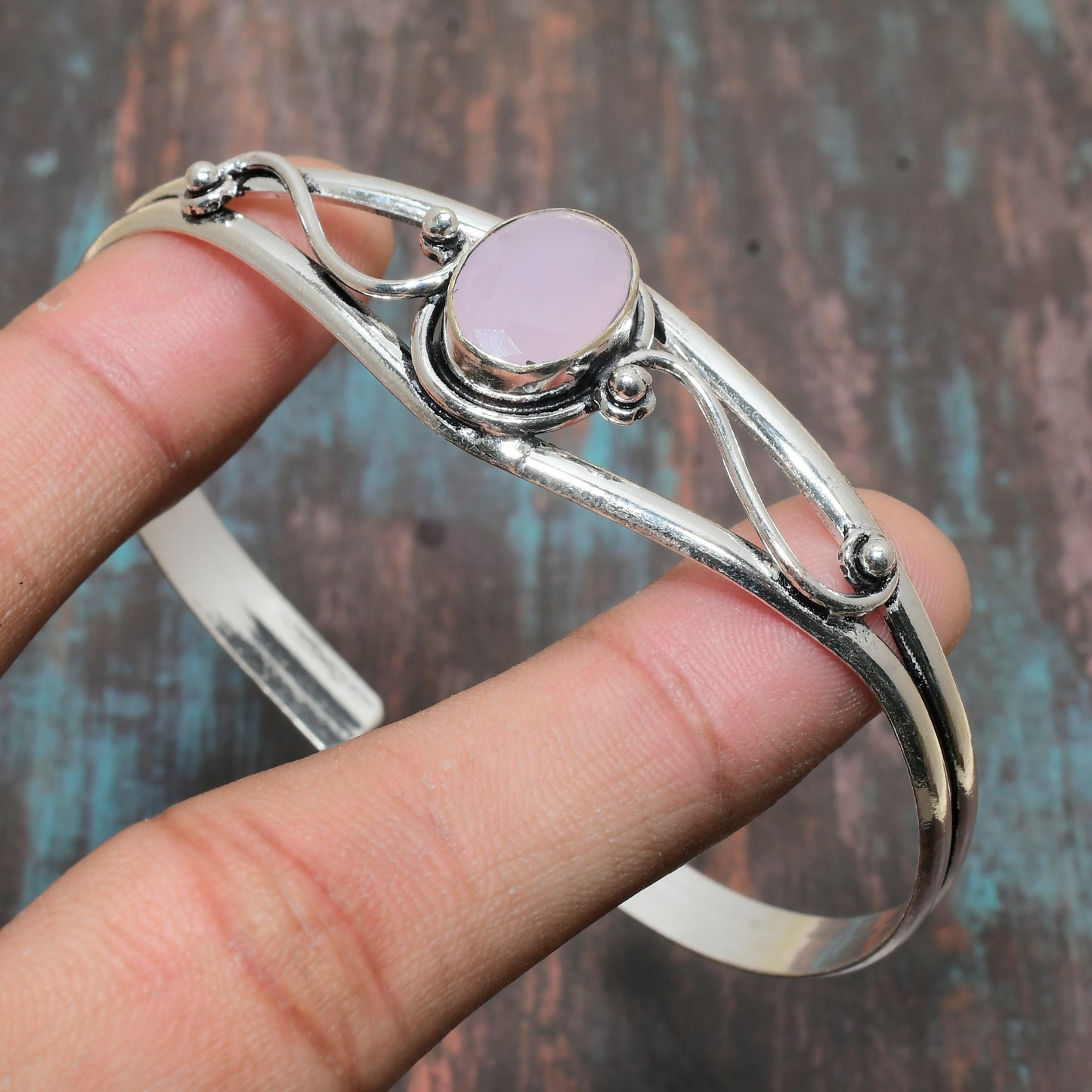 Celestial Harmony – Rose Quartz & Polished Silver Bracelet
