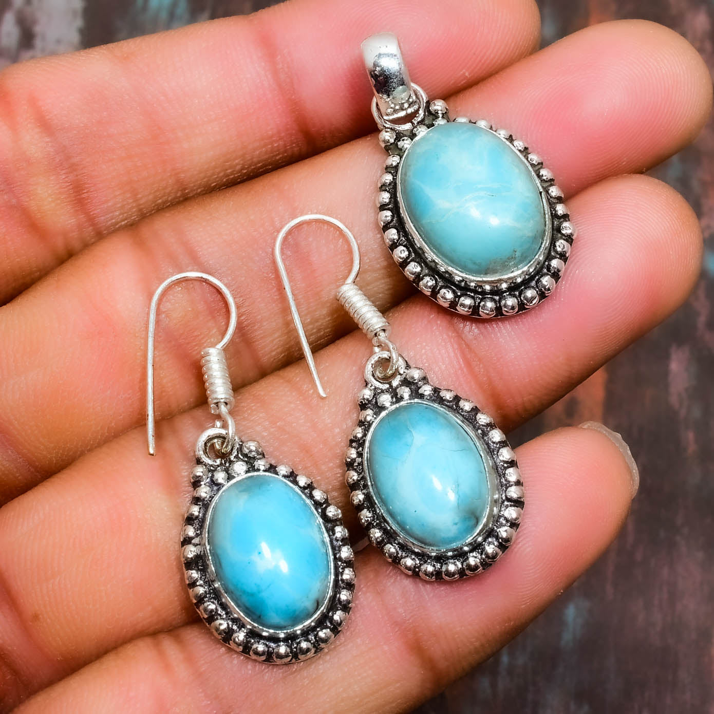 Ocean Serenity – Larimar Sterling Silver Pendant & Earrings