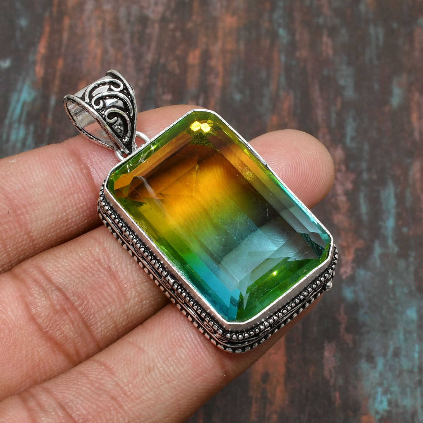 Radiant Aura – Teal & Gold Dichroic Glass Pendant