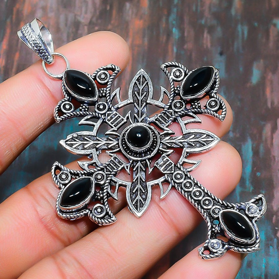 Onyx Sentinel – Sterling Silver Cross Pendant