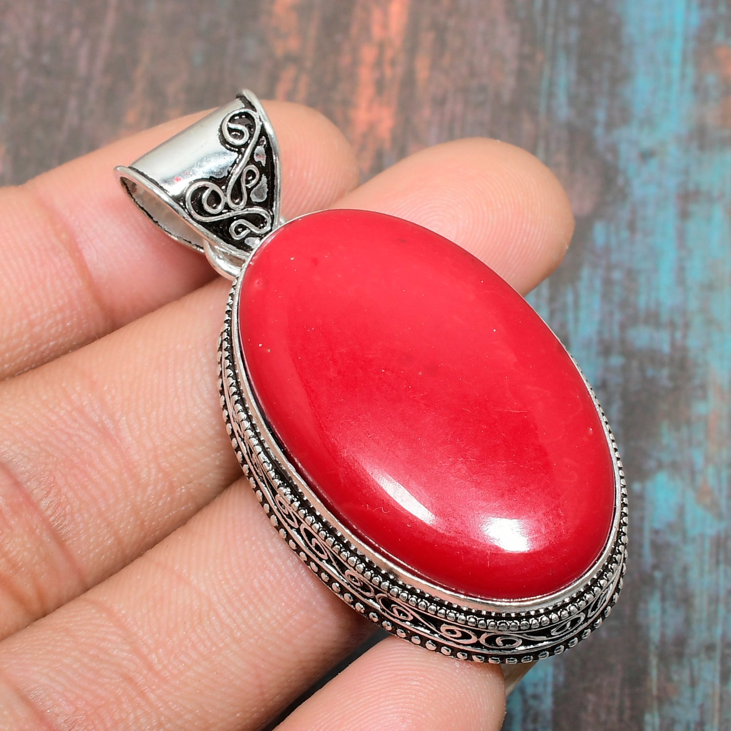 Crimson Harmony – Coral & Silver Pendant