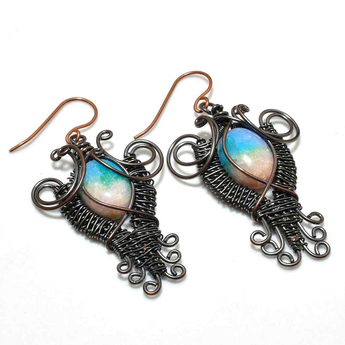 Aurora’s Net – Opal & Blackened Wire Earrings