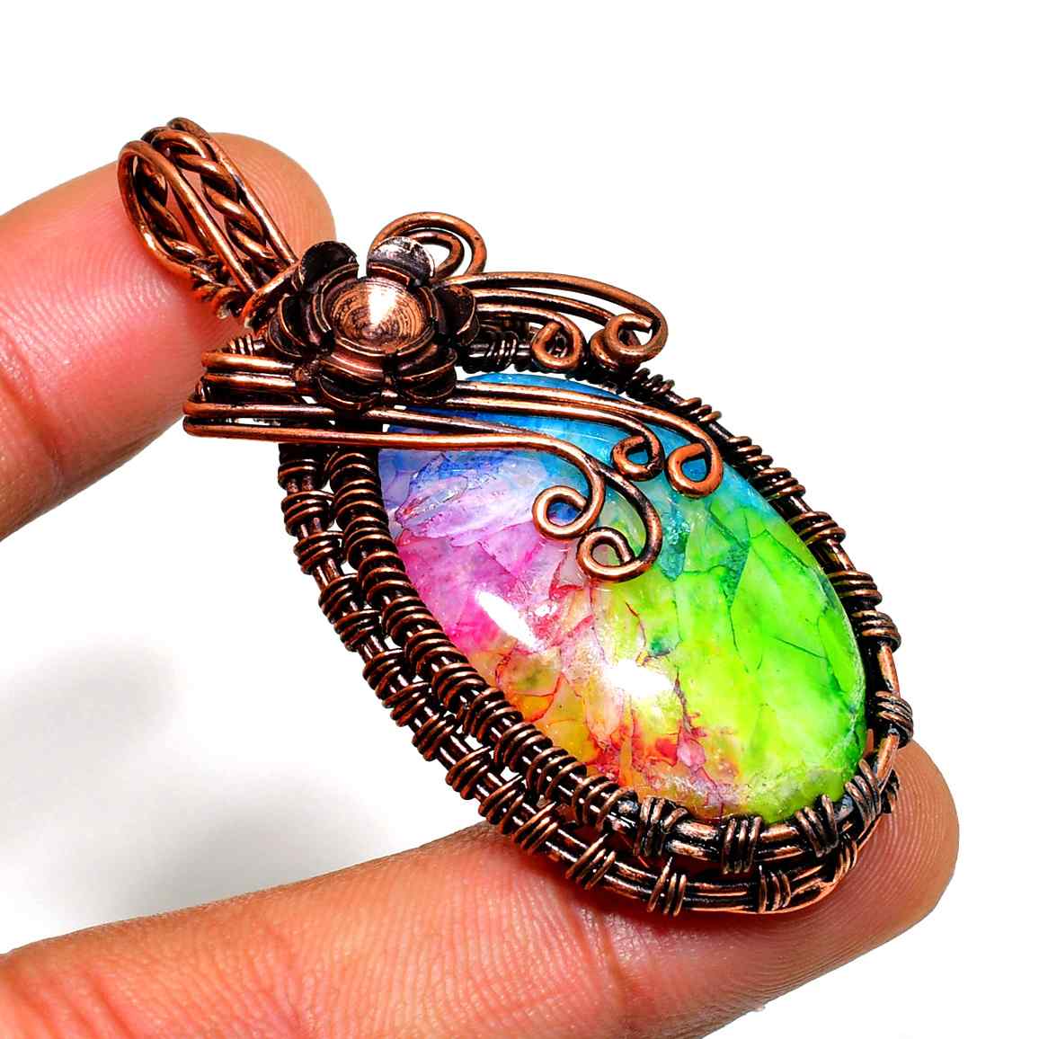 Aurora’s Glow – Rainbow Aura Quartz Copper Pendant