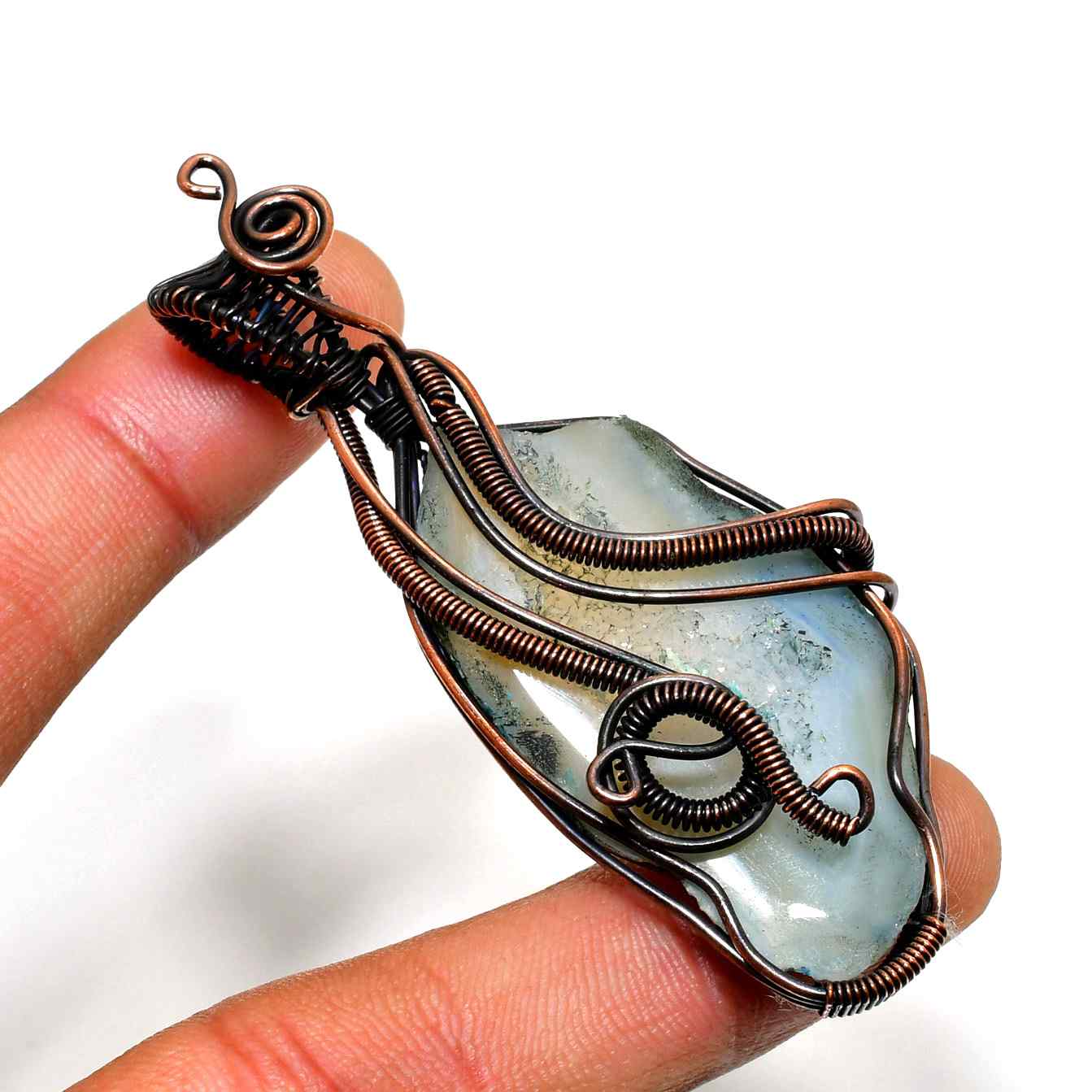 Ezra’s Veil – Aquamarine & Oxidized Copper Pendant