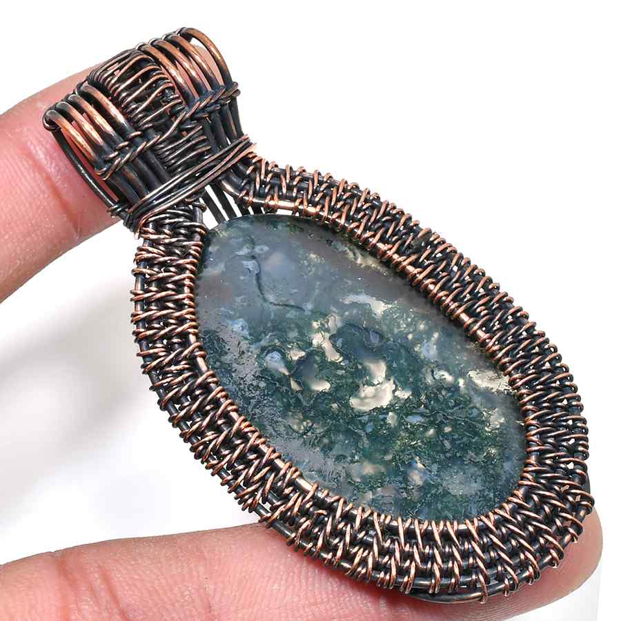 Celestial Embrace – Moss Agate Copper Pendant