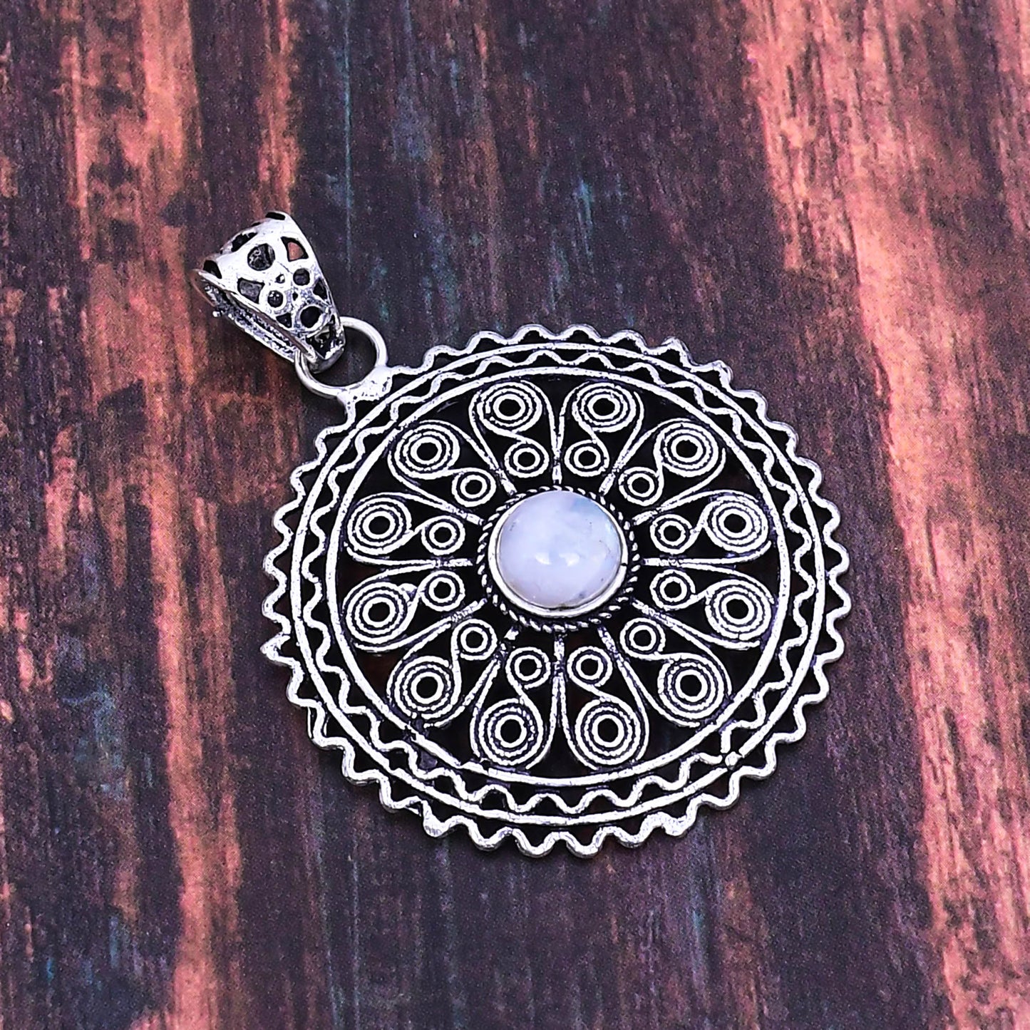 Luna’s Harmony – Silver Mandala Gemstone Pendant