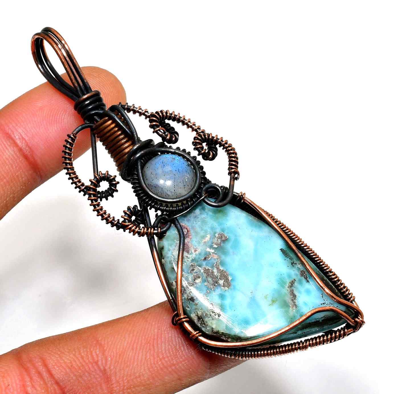 Ocean’s Whisper – Larimar Copper Wire Pendant