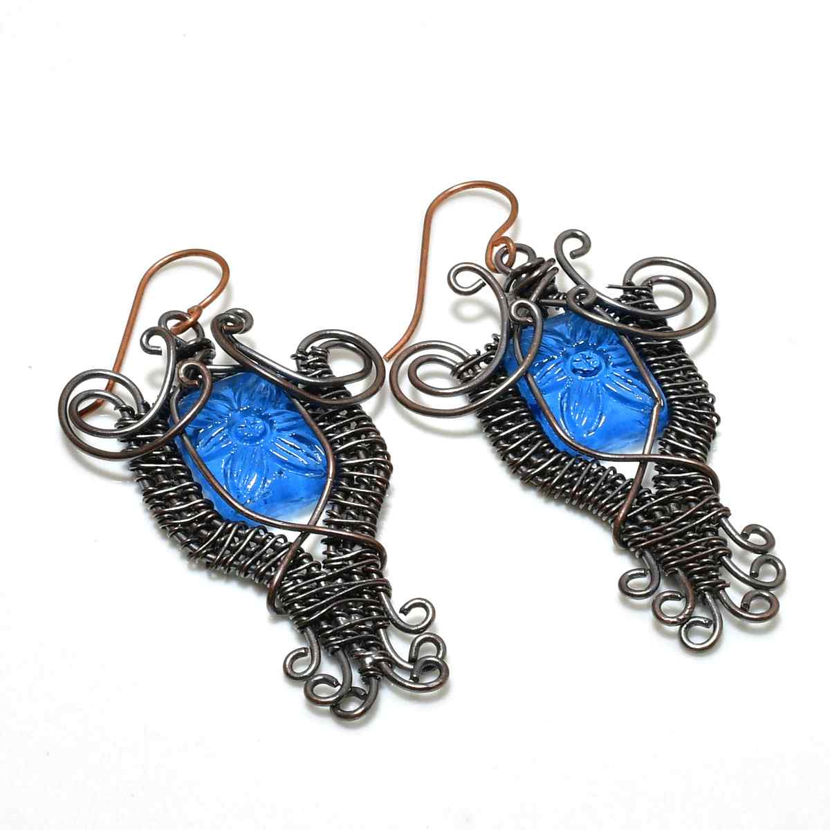 Azure Muse Hoops – Carved Blue Glass & Oxidized Copper