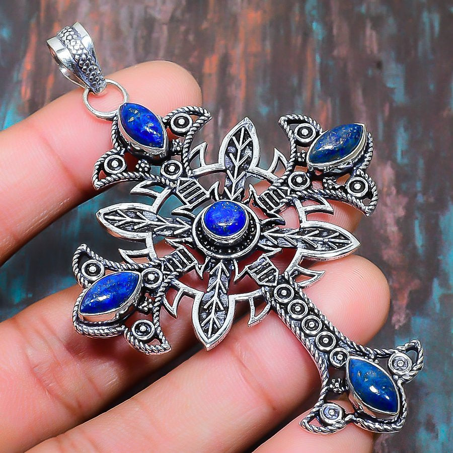 Celestial Cross – Lapis Lazuli Sterling Silver Pendant