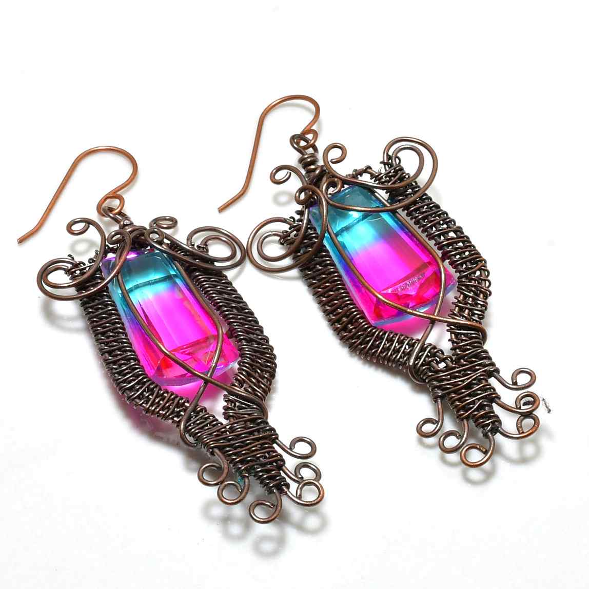 Harmony Glow – Pink & Blue Copper-Wrapped Crystal Earrings