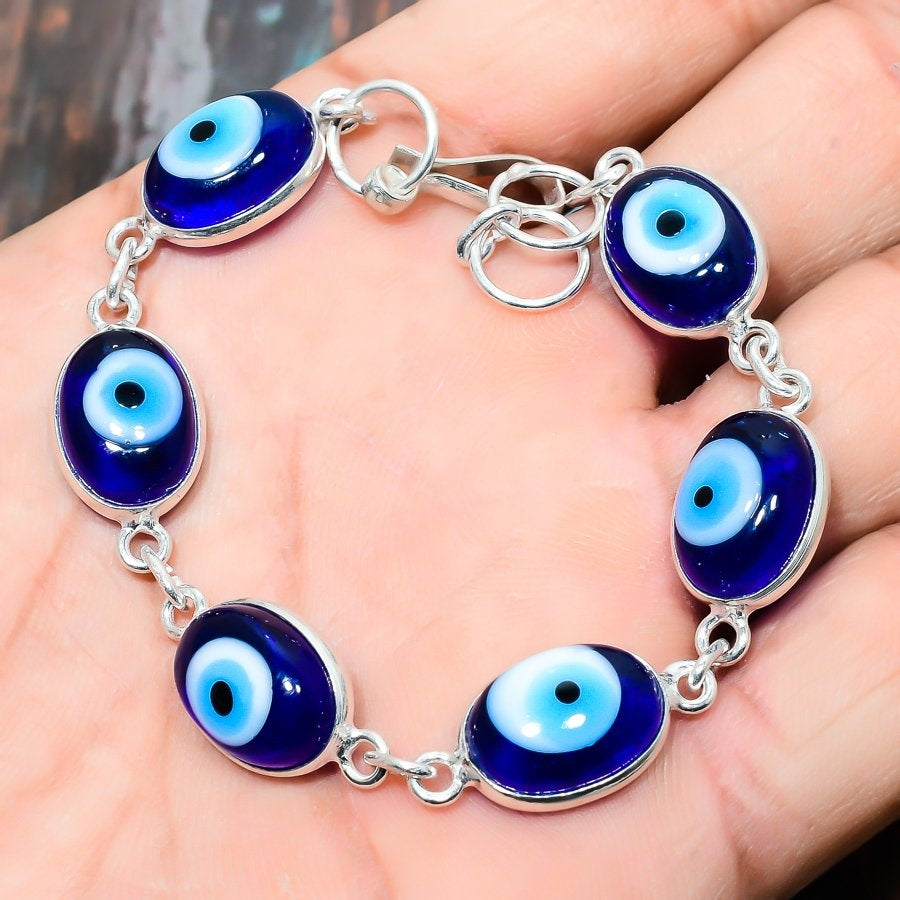 Azura’s Shield – Silver & Blue Glass Evil Eye Bracelet