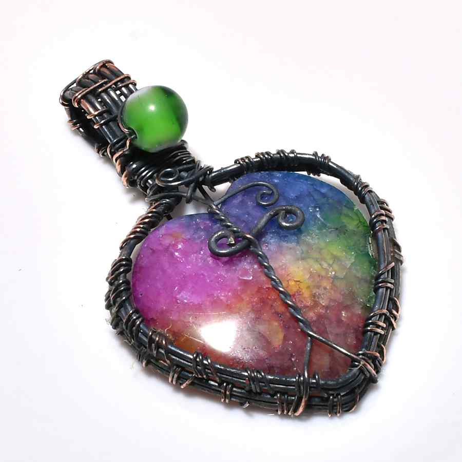 Harmony’s Heart – Rainbow Fluorite Darkened Wire Pendant