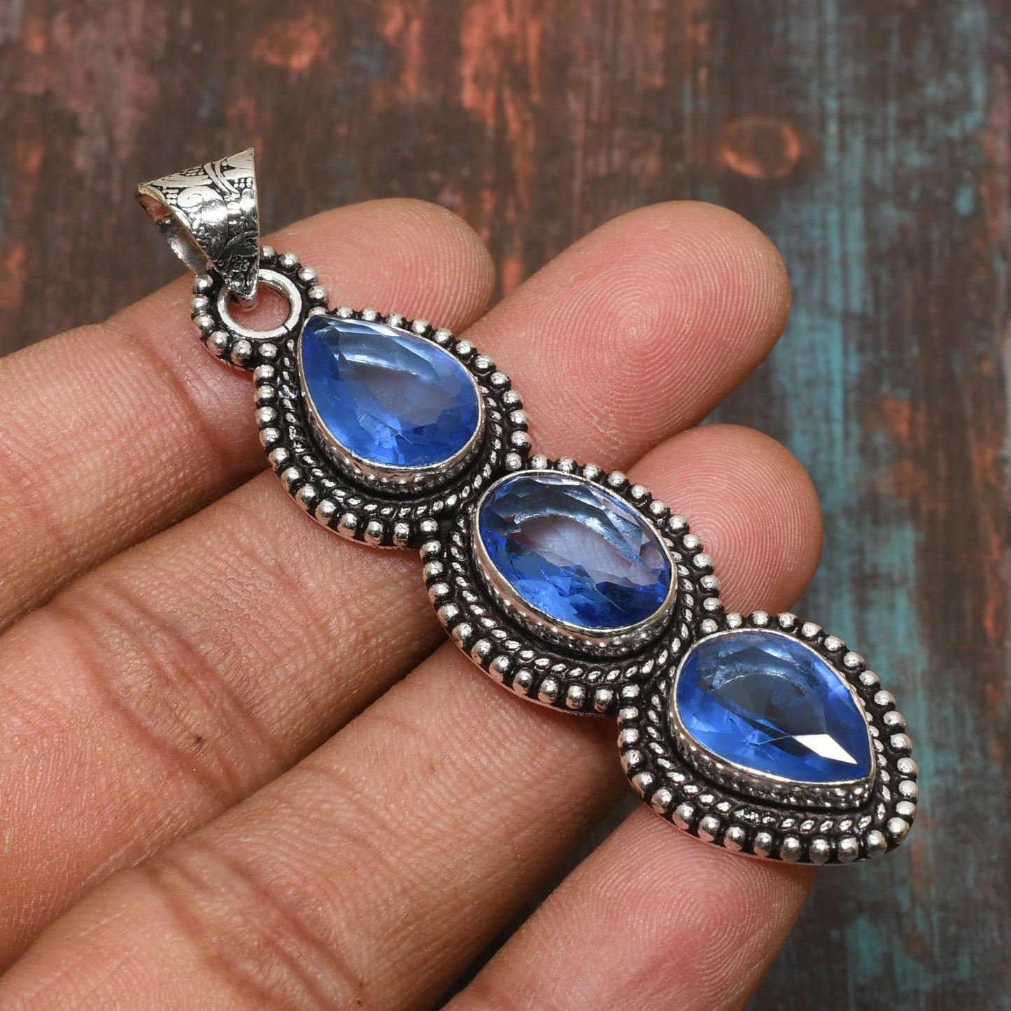 Celestial Harmony – Triple Blue Gem Silver Pendant