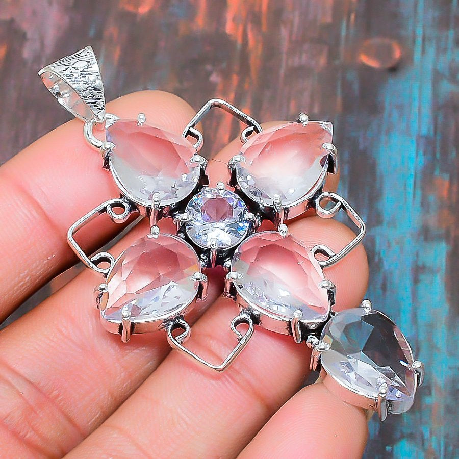 Celestial Blossom – Rose Quartz & Crystal Sterling Silver Pendant