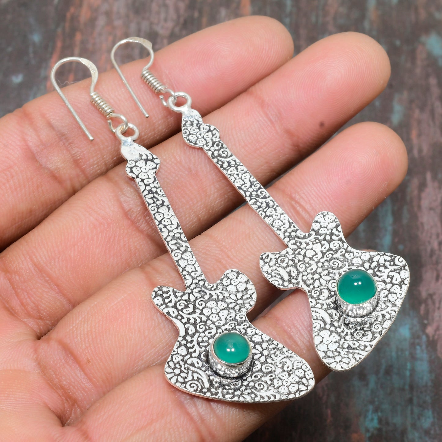 Emerald Strings – Silver Guitar Earrings with Green Agate
