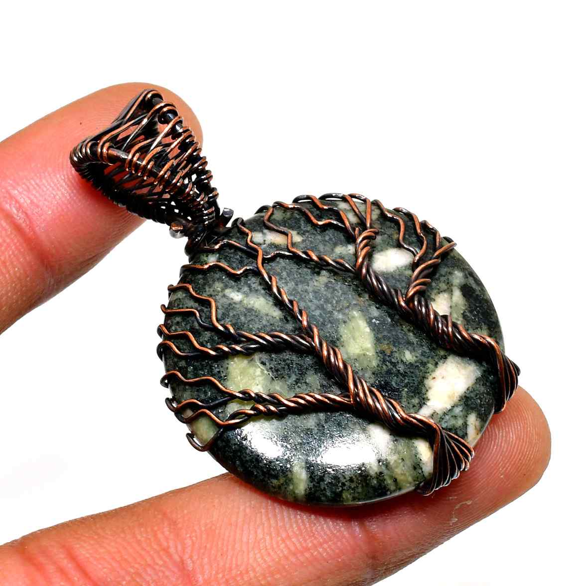 Sylvan Harmony – Green Stone Copper Tree Pendant