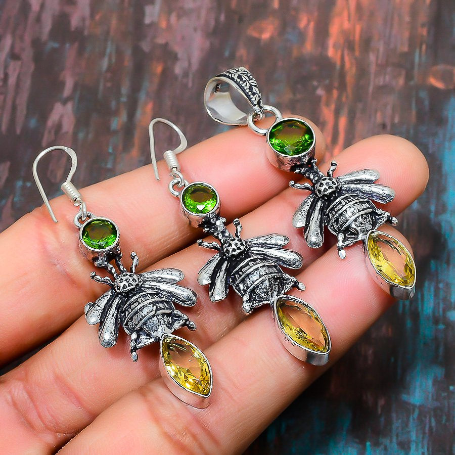 Bee Dancer – Silver-Plated Green & Amber Crystal Earrings