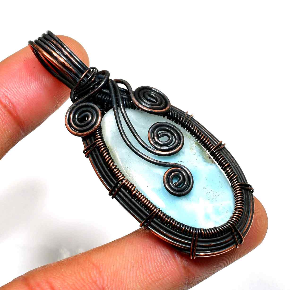 Ocean’s Embrace – Oxidized Copper Larimar Pendant