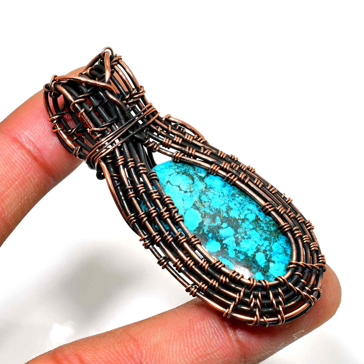 Whispers of Turquoise – Handwoven Copper Pendant