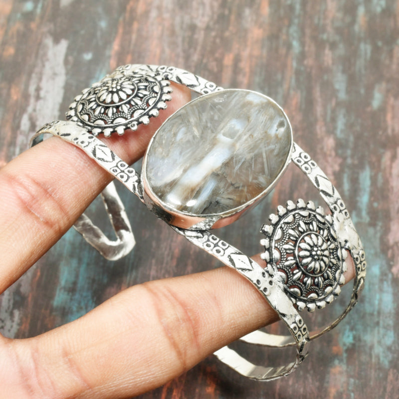 Radiant Silver Rain – Oval Rutilated Quartz & Sterling Silver Bracelet