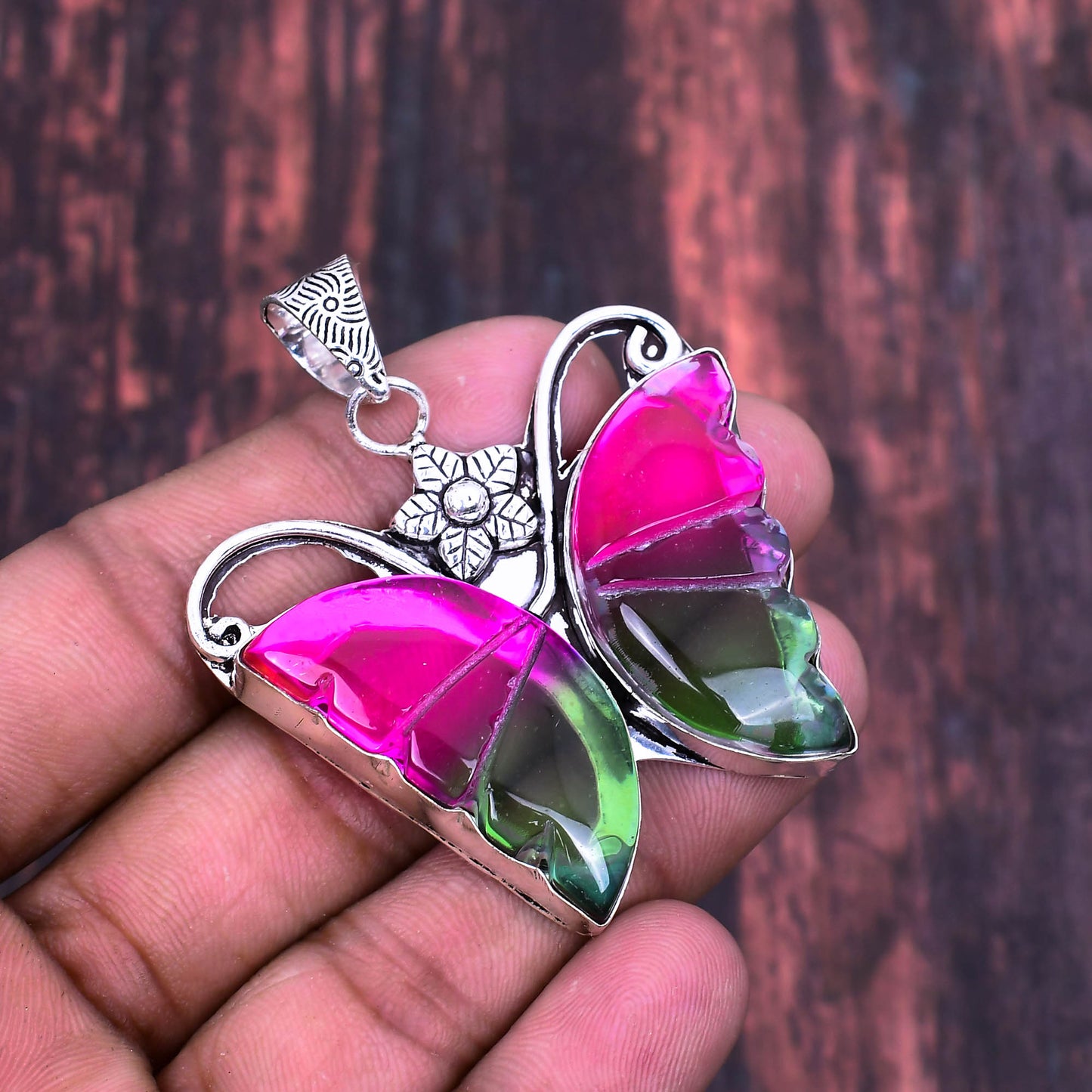 Aurora Wings – Pink & Green Butterfly Gemstone Pendant