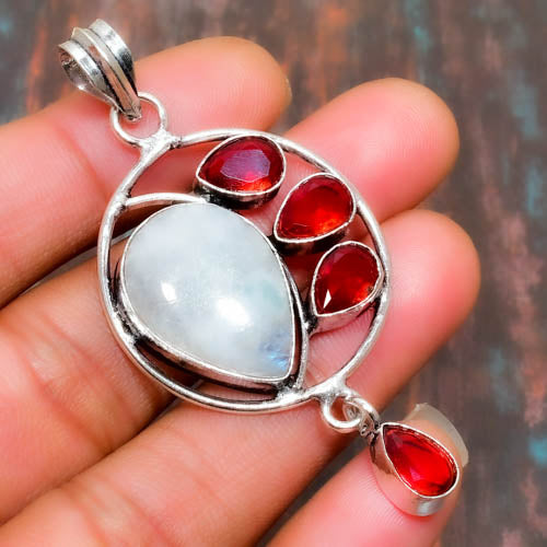 Lunar Ember – Moonstone & Red Gem Silver Pendant