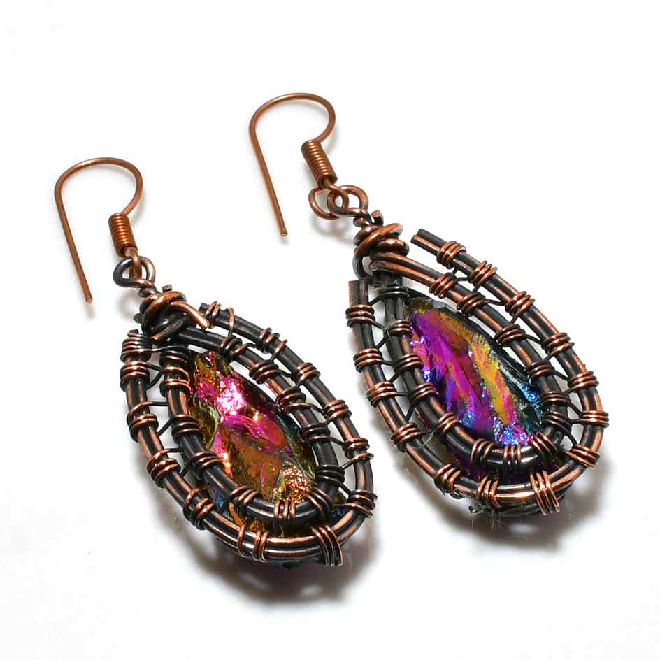Aurora Gleam – Iridescent Glass & Copper Wire Earrings