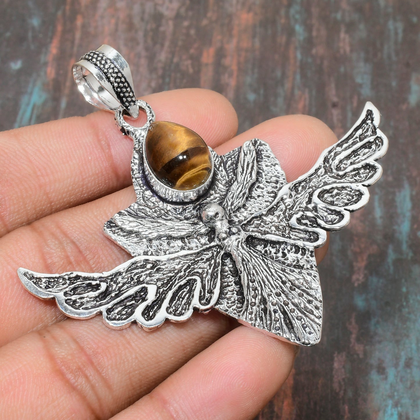 Dragonfly’s Embrace – Tiger’s Eye Sterling Silver Pendant