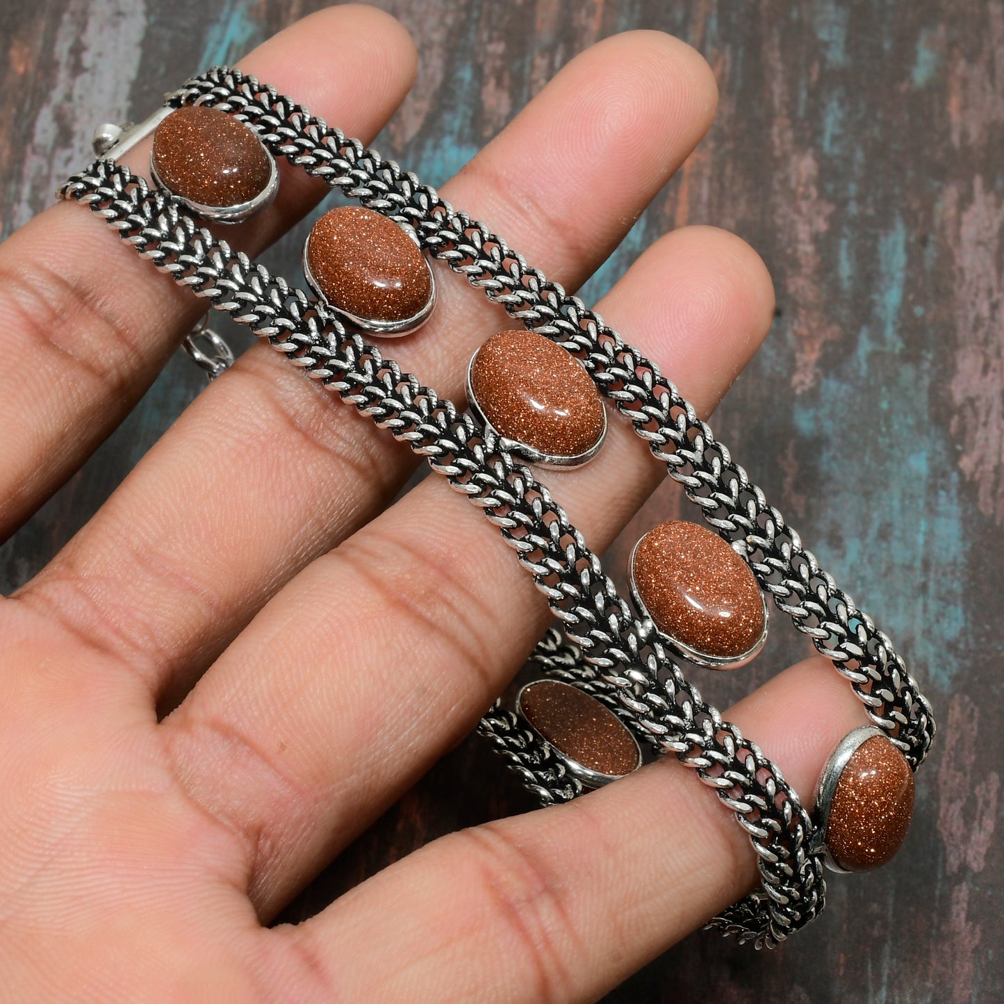 Auric Glow – Goldenstone & Silver-Weave Bracelet