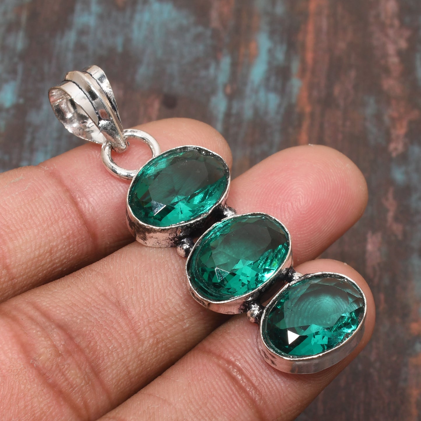 Selene’s Serenity – Sterling Silver Emerald Trio Pendant