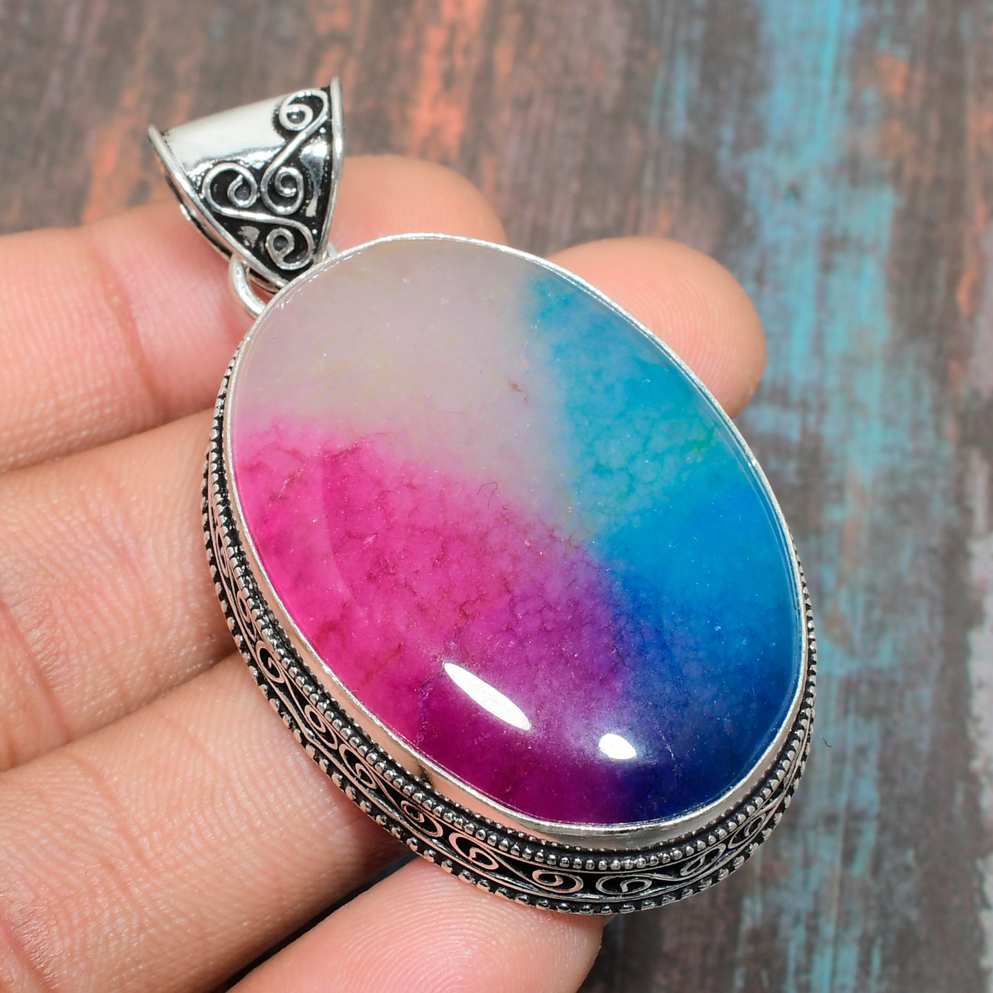 Celestial Harmony – Blue & Pink Agate Sterling Silver Pendant