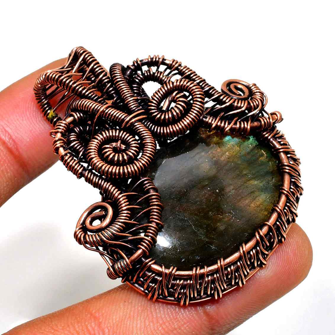 Selene’s Veil – Oxidized Copper Labradorite Pendant