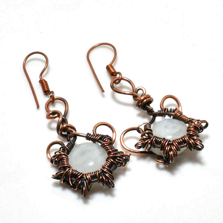 Lunar Embrace – Oxidized Copper Moonstone Earrings