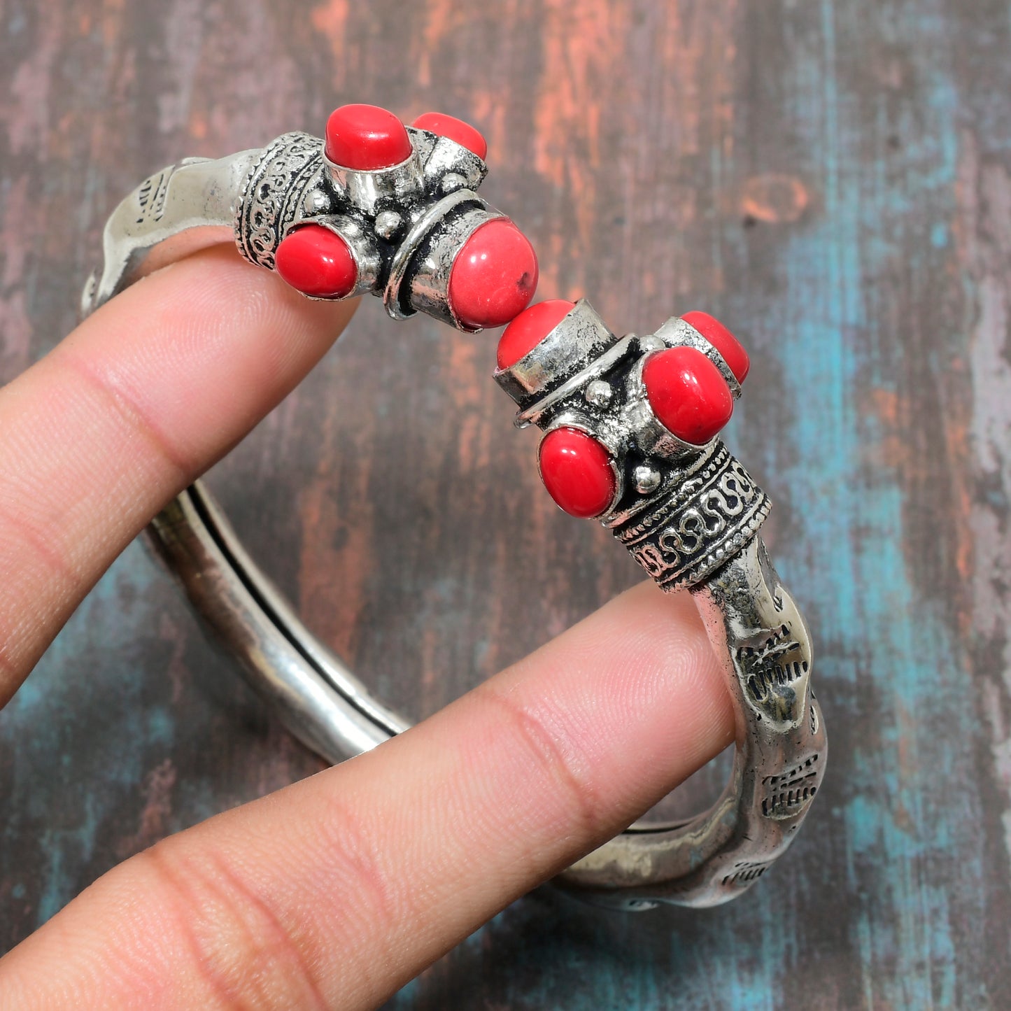 Coral Embrace – Red Coral & Sterling Silver Bangle