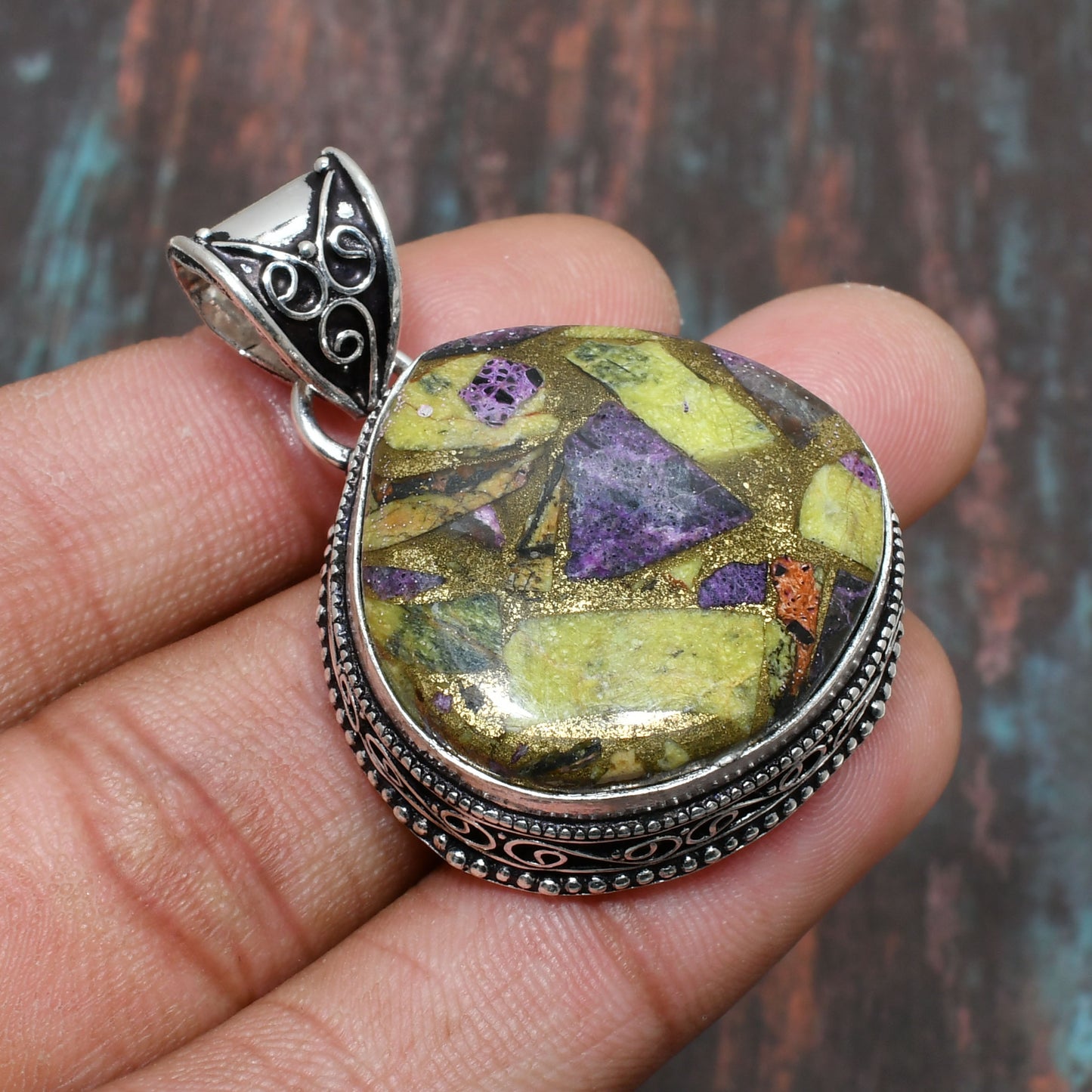 Mystic Harmony – Green & Purple Gemstone Filigree Pendant