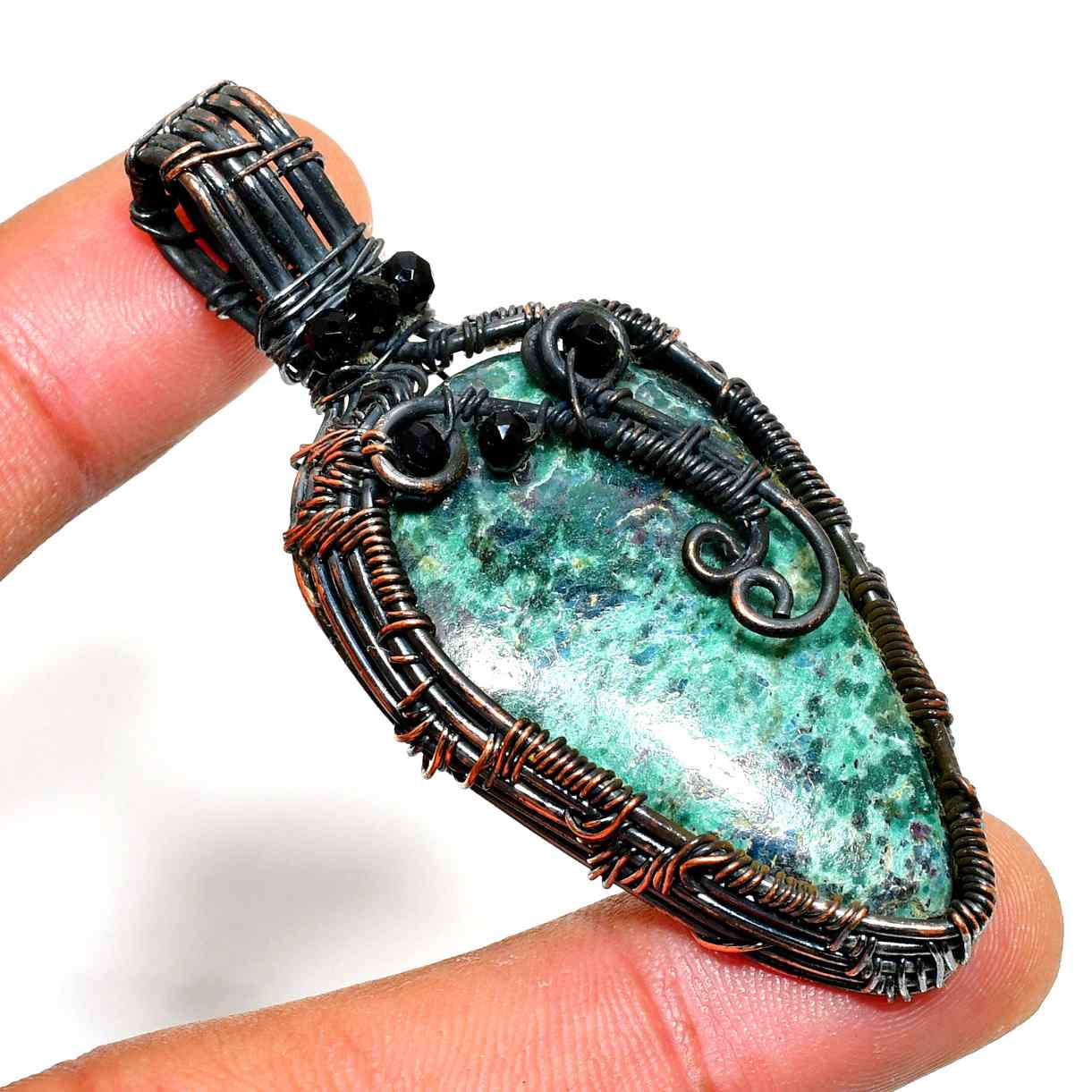 Gaia’s Embrace – Copper-Wrapped Greenstone Pendant