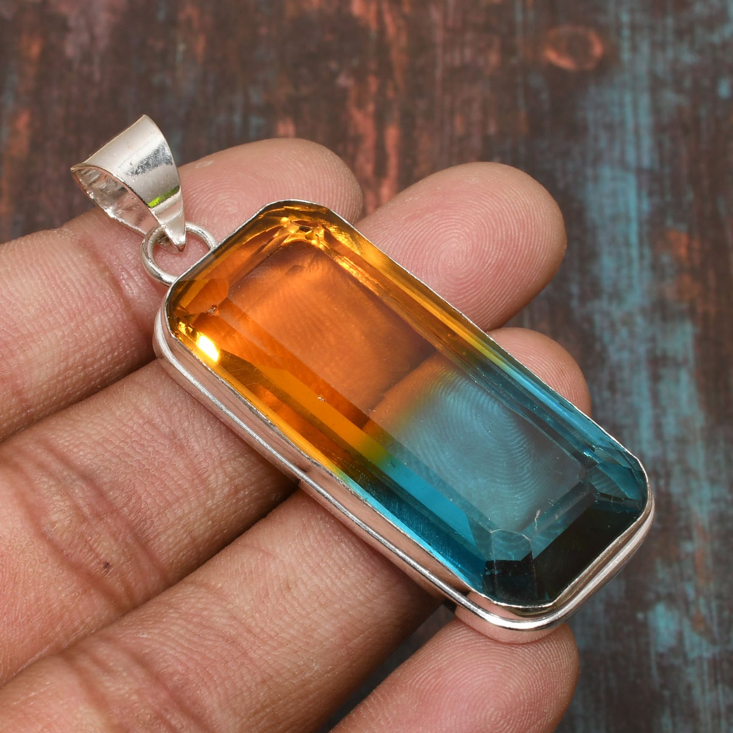 Sunset Tide – Sterling Silver Orange & Blue Crystal Pendant