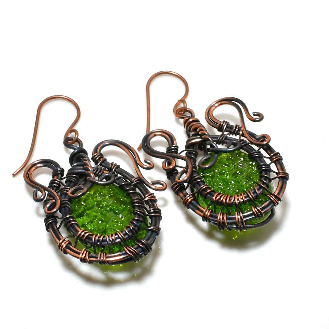 Verdant Shield – Oxidized Copper & Green Glass Earrings