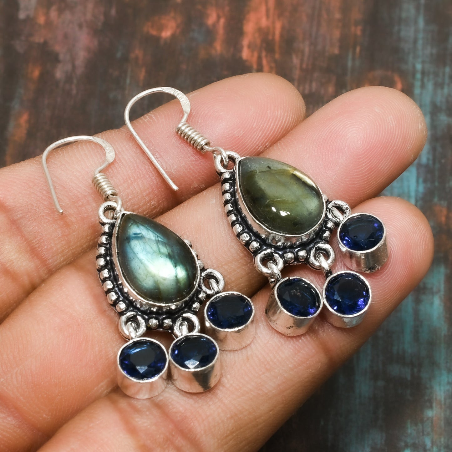 Moonlit Mystique – Labradorite & Sapphire Earrings