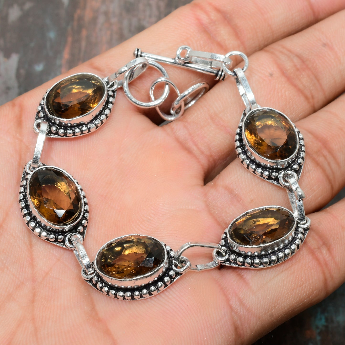 Honeyed Shield – Smoky Quartz Sterling Silver Bracelet