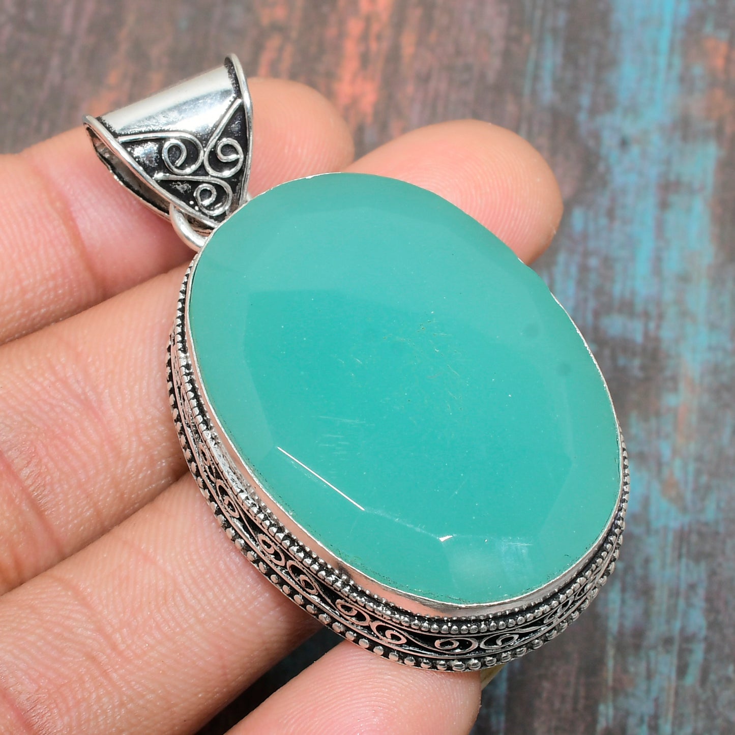 Aqua Elegance – Silver Filigree Chalcedony Pendant