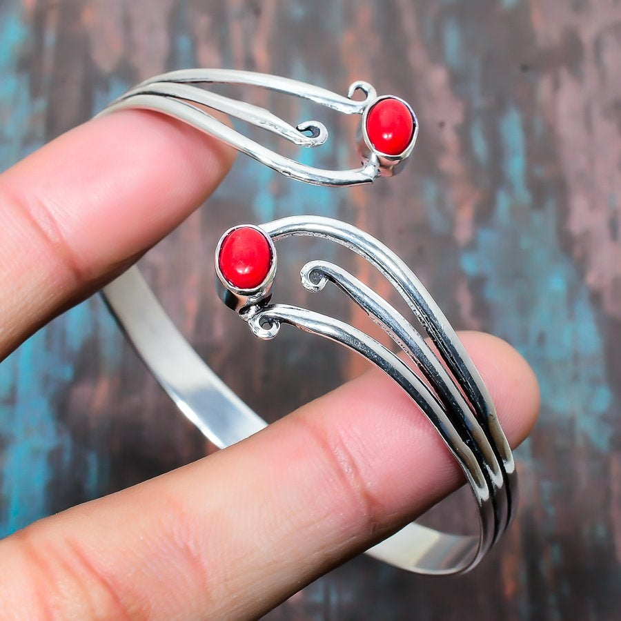 Coral Wave – Silver & Red Coral Bangle