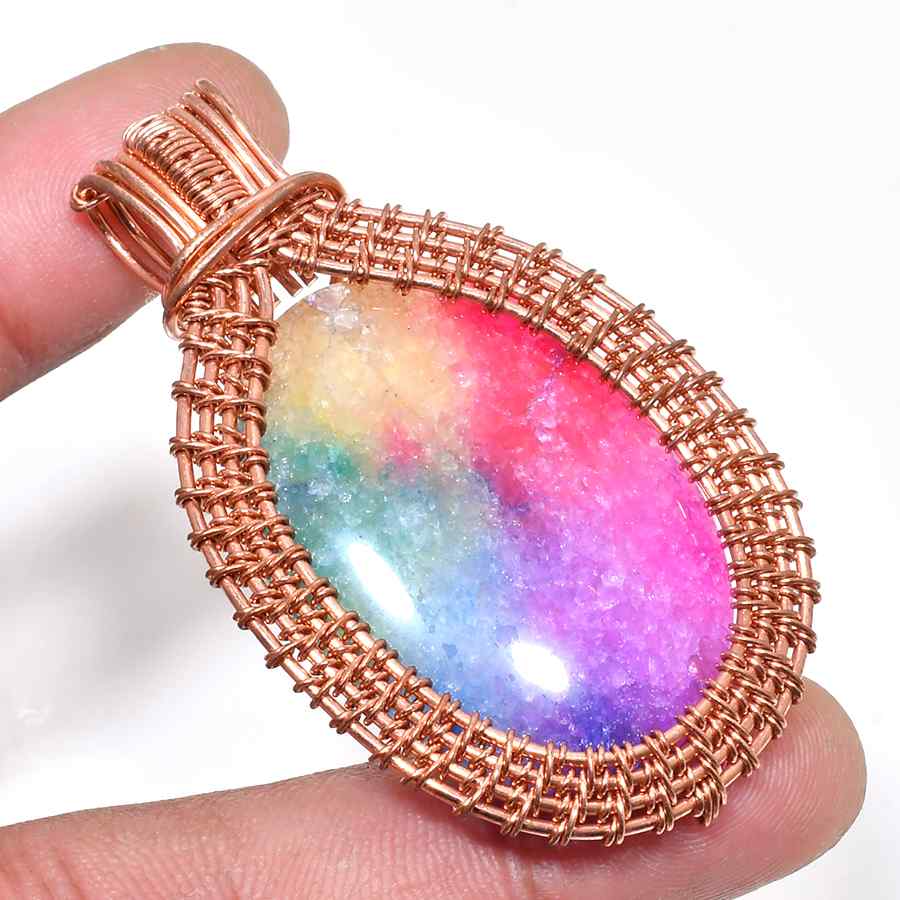 Aurora’s Embrace – Rainbow Agate Copper Pendant